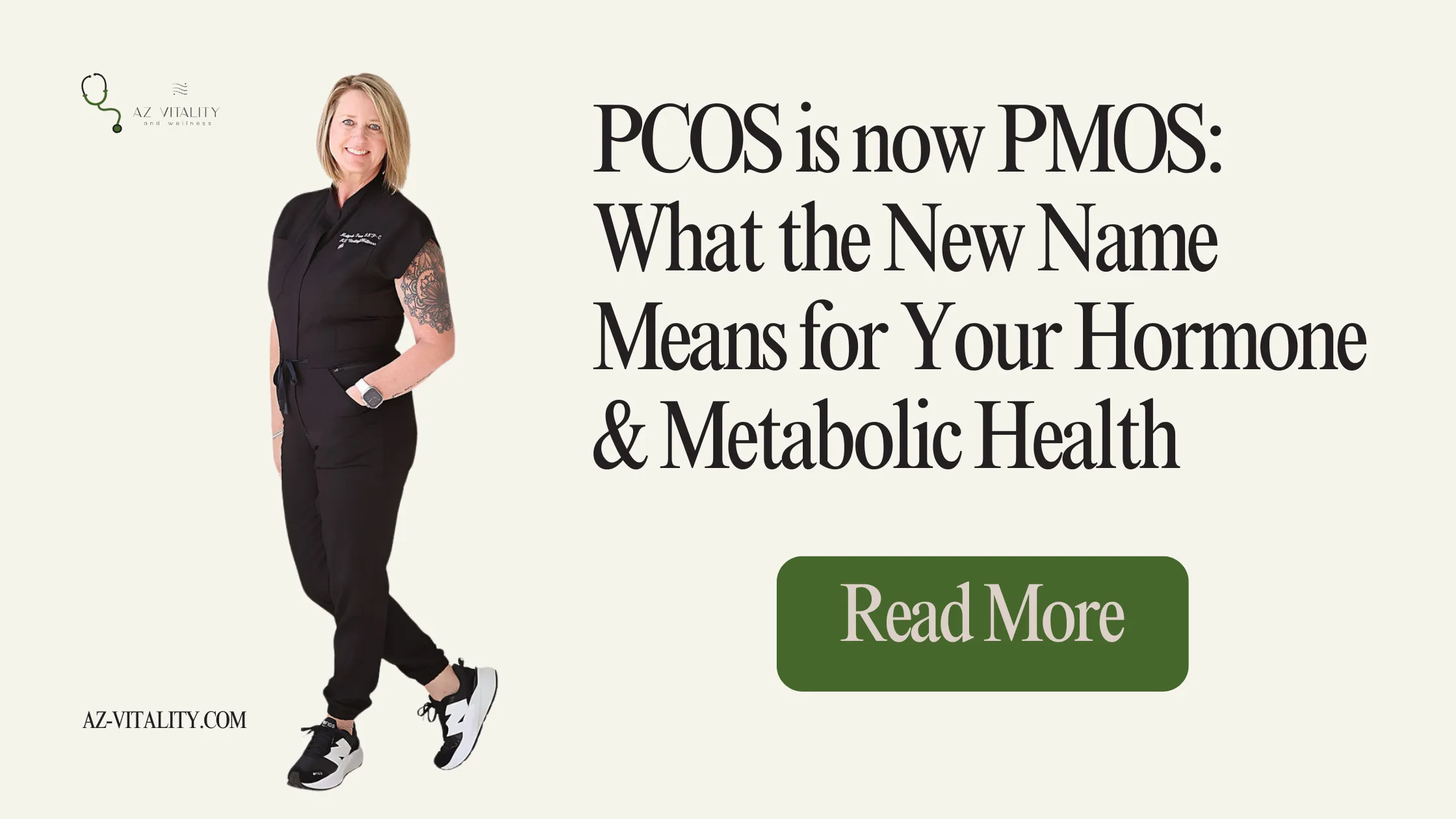 Banner with a clinician beside a large headline announcing PCOS is now PMOS and its health implications, plus a Read More button.