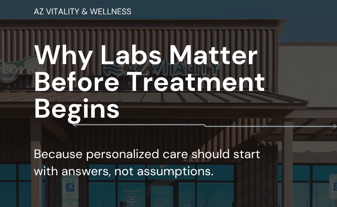 Hero image for AZ Vitality & Wellness: storefront with bold white text reading 'Why Labs Matter Before Treatment Begins'