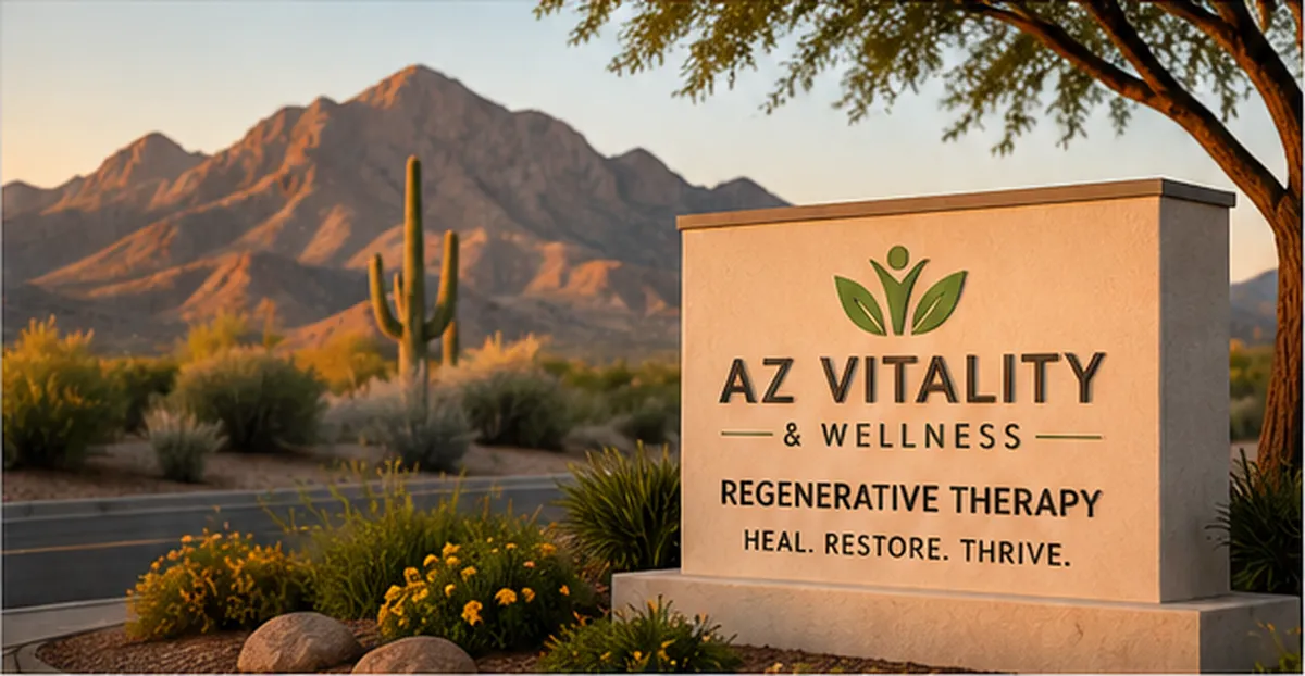 AZ Vitality & Wellness sign in a desert landscape with mountains in the background at sunset