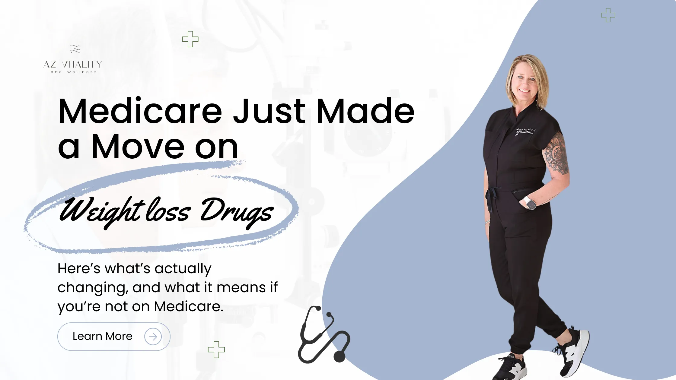 Banner about Medicare change on weight‑loss drugs, with a clinician on the right and a large headline on the left.