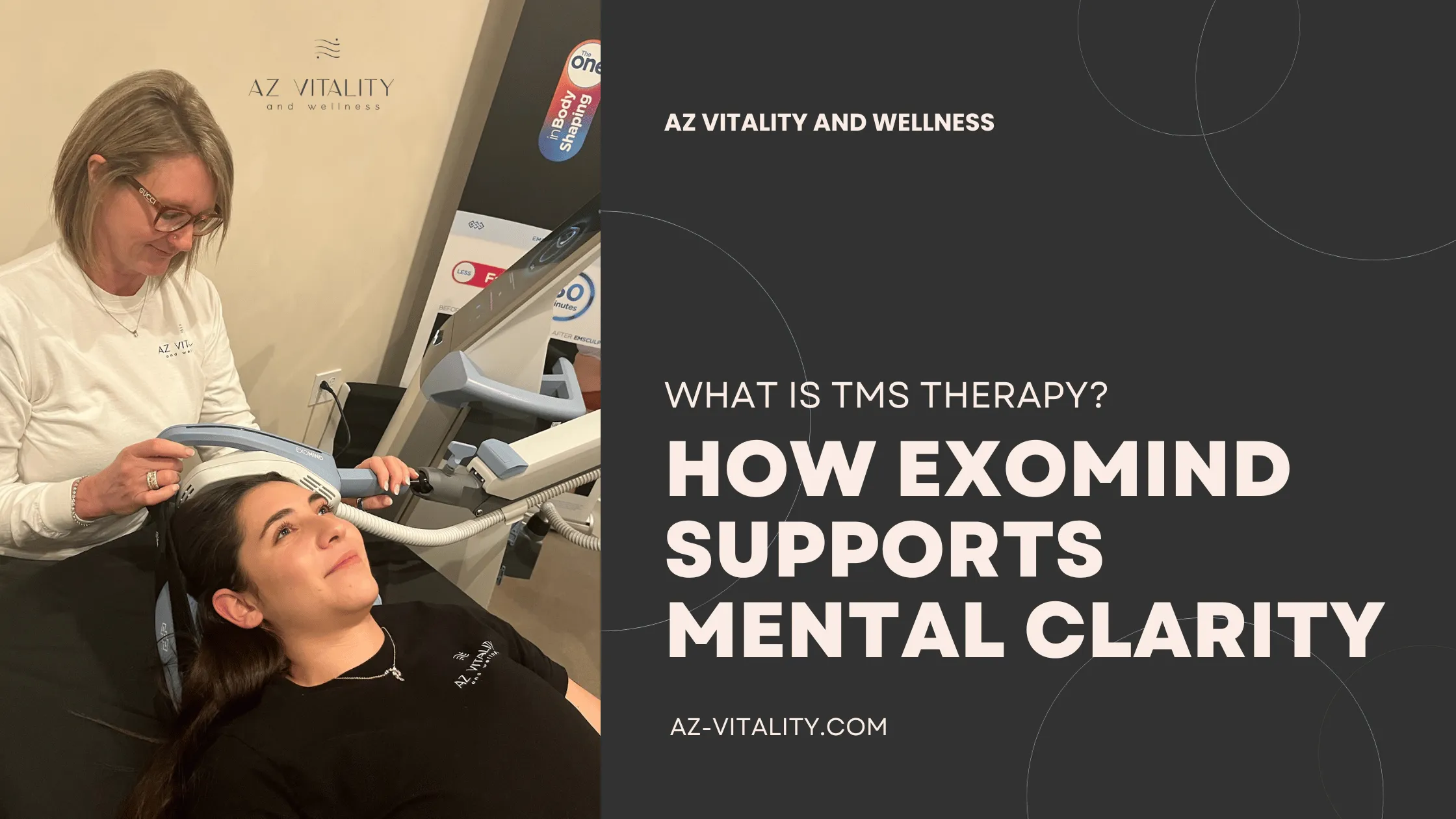 A clinician in a white AZ Vitality shirt uses a handheld device on a patient lying down for a wellness treatment.