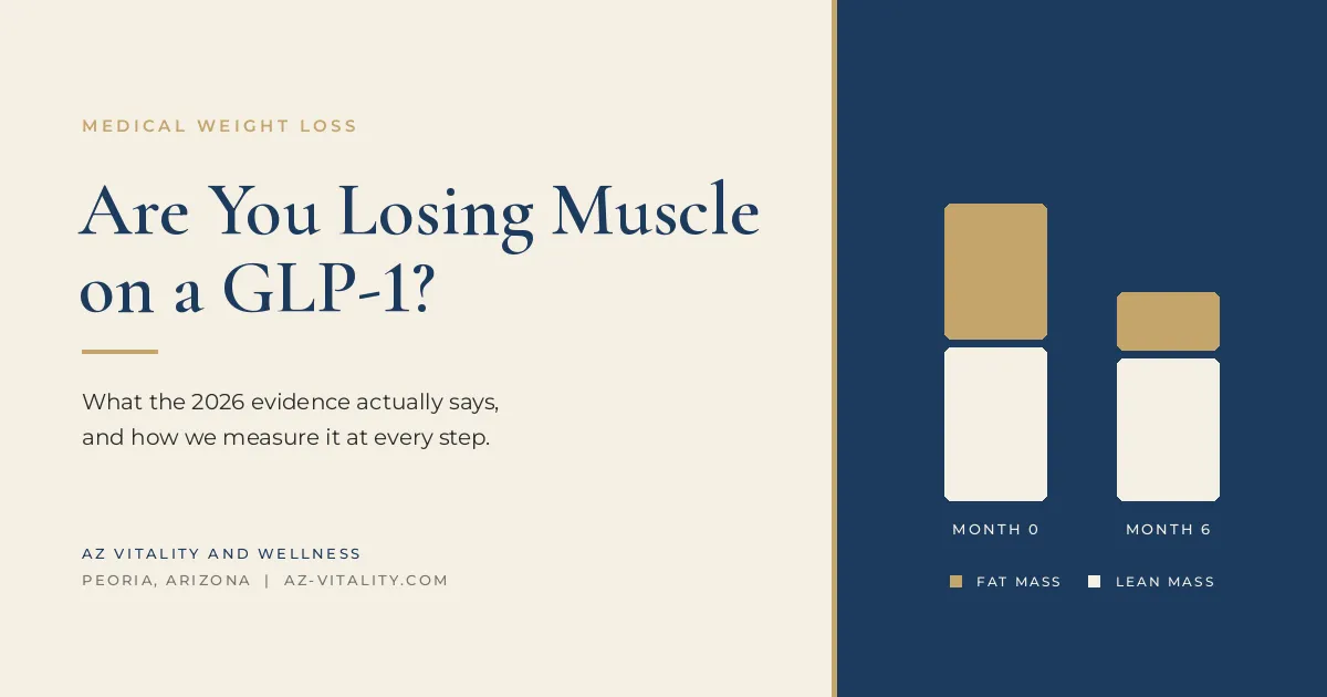 Split-page infographic: left column with the title 'Are You Losing Muscle on a GLP-1?' and subtitle; right column shows two stacked bars for fat mass and lean mass at Month 0 and Month 6.
