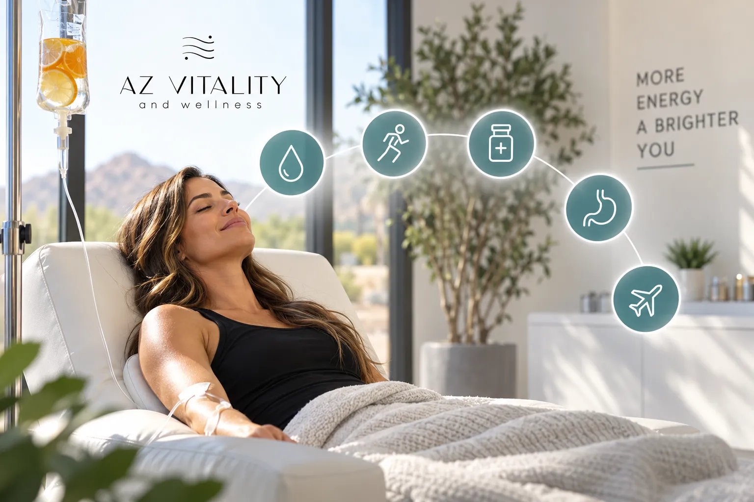 Woman relaxing in a clinical chair receiving IV therapy, with a bright wellness logo 'AZ Vitality' and a curved line of health icons in teal circles overlaying the scene.